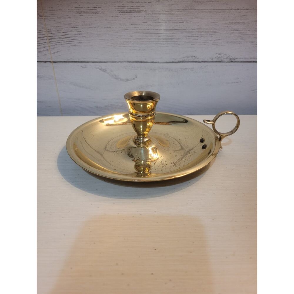 Vintage Solid Brass Candle Holder w/ Ring Thumb Grip Handle and Drip Catch